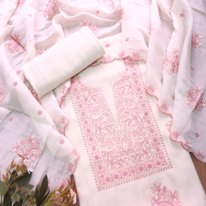 Mannat White with Pink Thread Embroidered Neck Work Mul Chanderi Set
