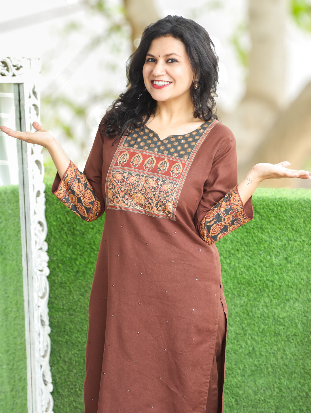 Ella Choco Brown Printed Yoke Cotton 2 Piece Set