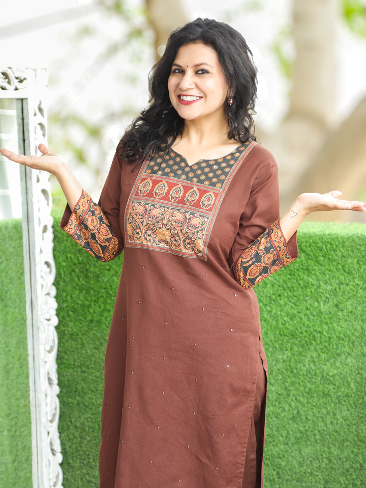 Ella Choco Brown Printed Yoke Cotton 2 Piece Set