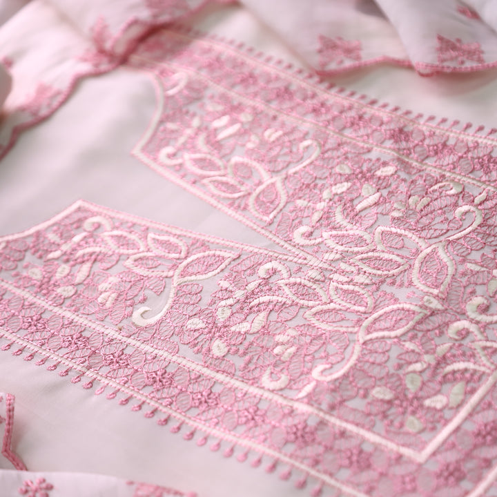 Mannat White with Pink Thread Embroidered Neck Work Mul Chanderi Set