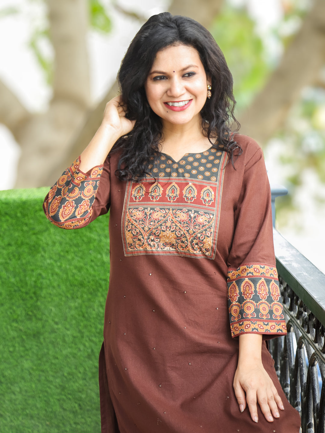 Ella Choco Brown Printed Yoke Cotton 2 Piece Set