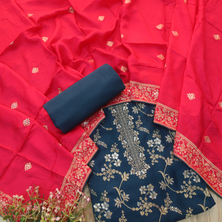 Chandni Navy Blue All Over Zari Work with Brocade Weaved Dola Silk Suit Set