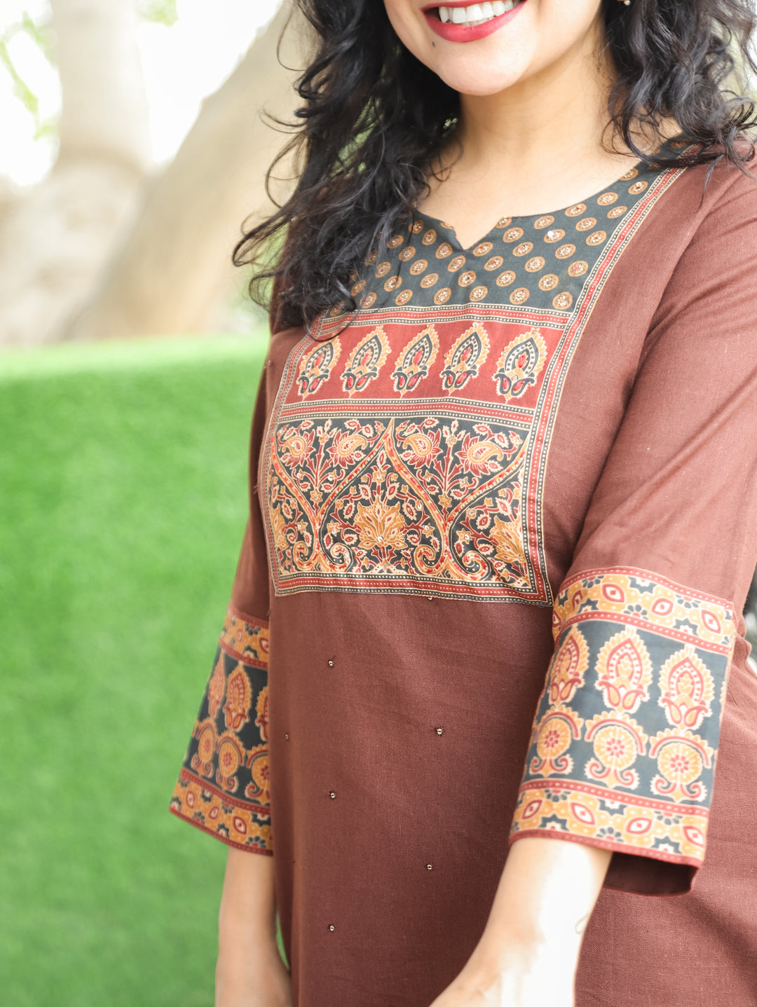 Ella Choco Brown Printed Yoke Cotton 2 Piece Set