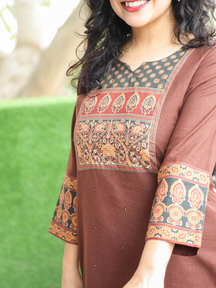 Ella Choco Brown Printed Yoke Cotton 2 Piece Set