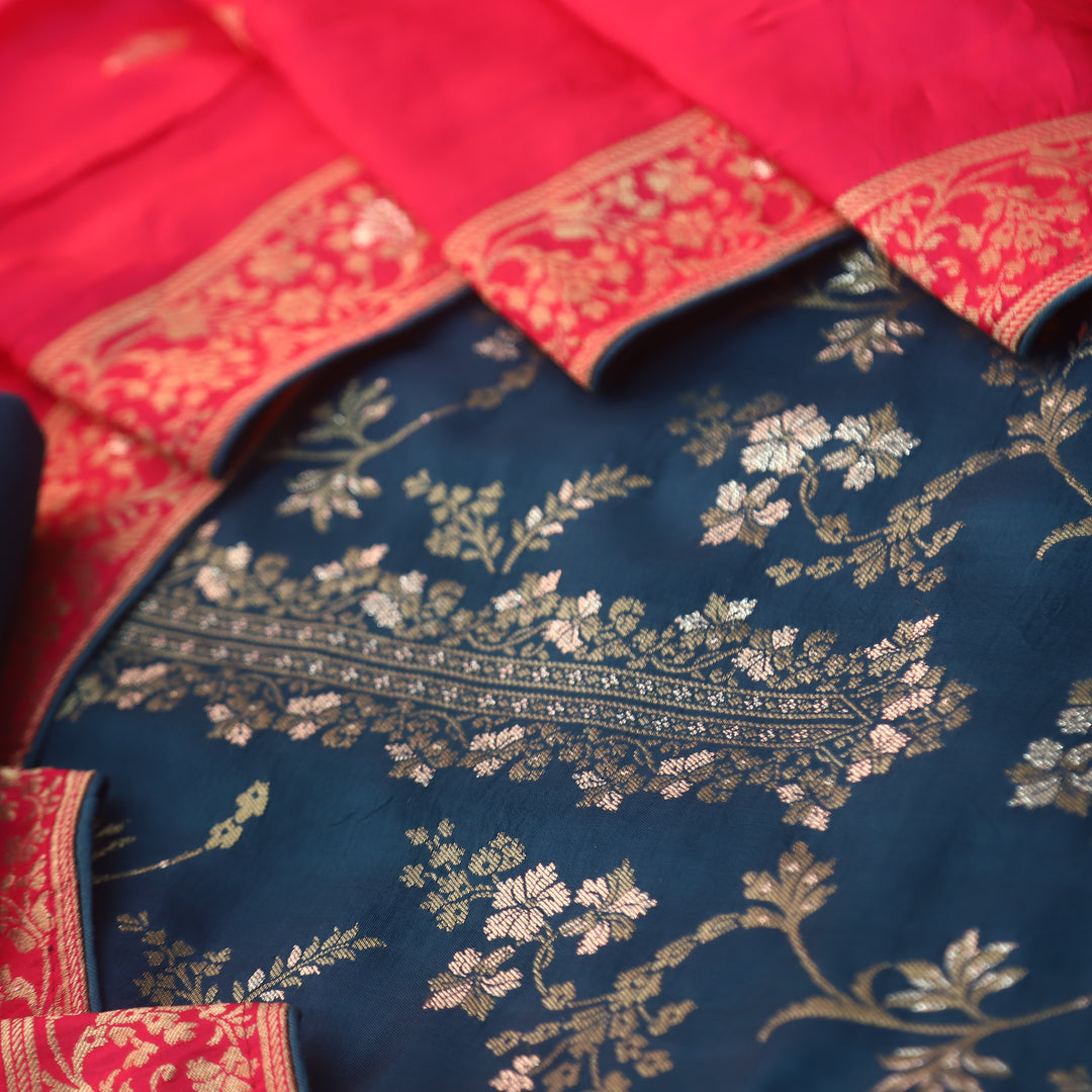 Chandni Navy Blue All Over Zari Work with Brocade Weaved Dola Silk Suit Set