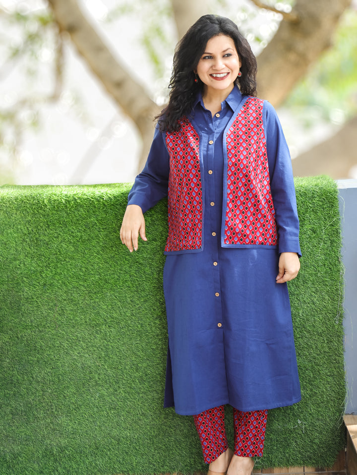 Nysa Denim Blue Cotton Jacket Set