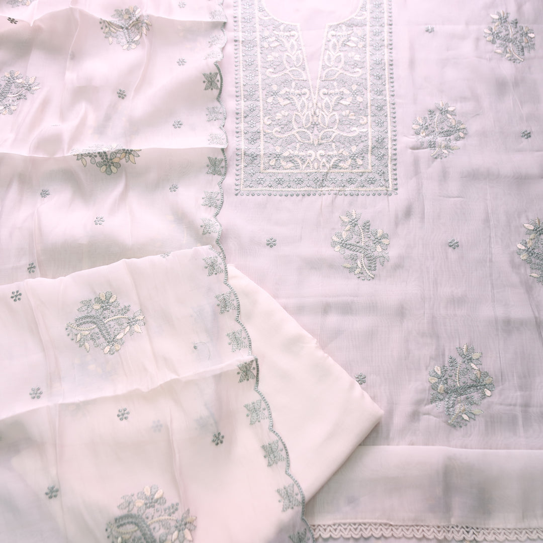 Mannat White with Green Thread Embroidered Neck Work Mul Chanderi Set