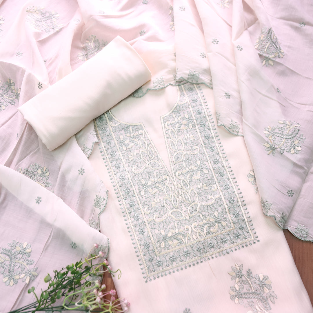 Mannat White with Green Thread Embroidered Neck Work Mul Chanderi Set