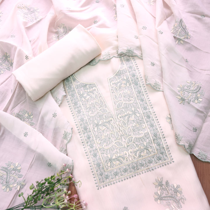 Mannat White with Green Thread Embroidered Neck Work Mul Chanderi Set