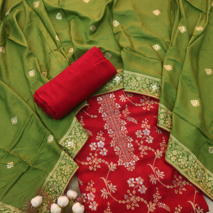 Chandni Maroon Red All Over Zari Work with Brocade Weaved Dola Silk Suit Set