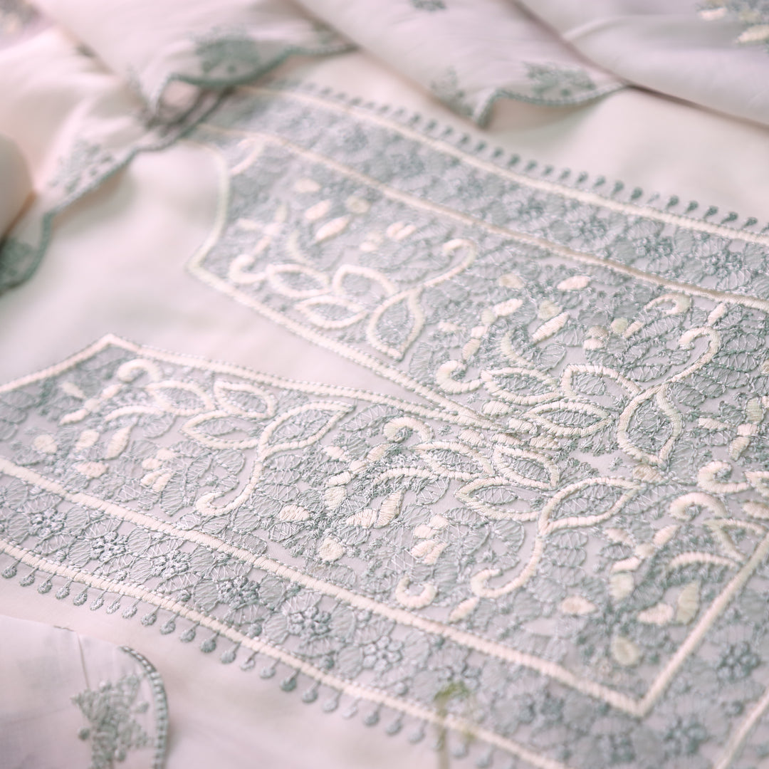 Mannat White with Green Thread Embroidered Neck Work Mul Chanderi Set
