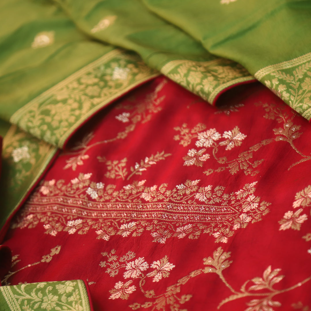 Chandni Maroon Red All Over Zari Work with Brocade Weaved Dola Silk Suit Set