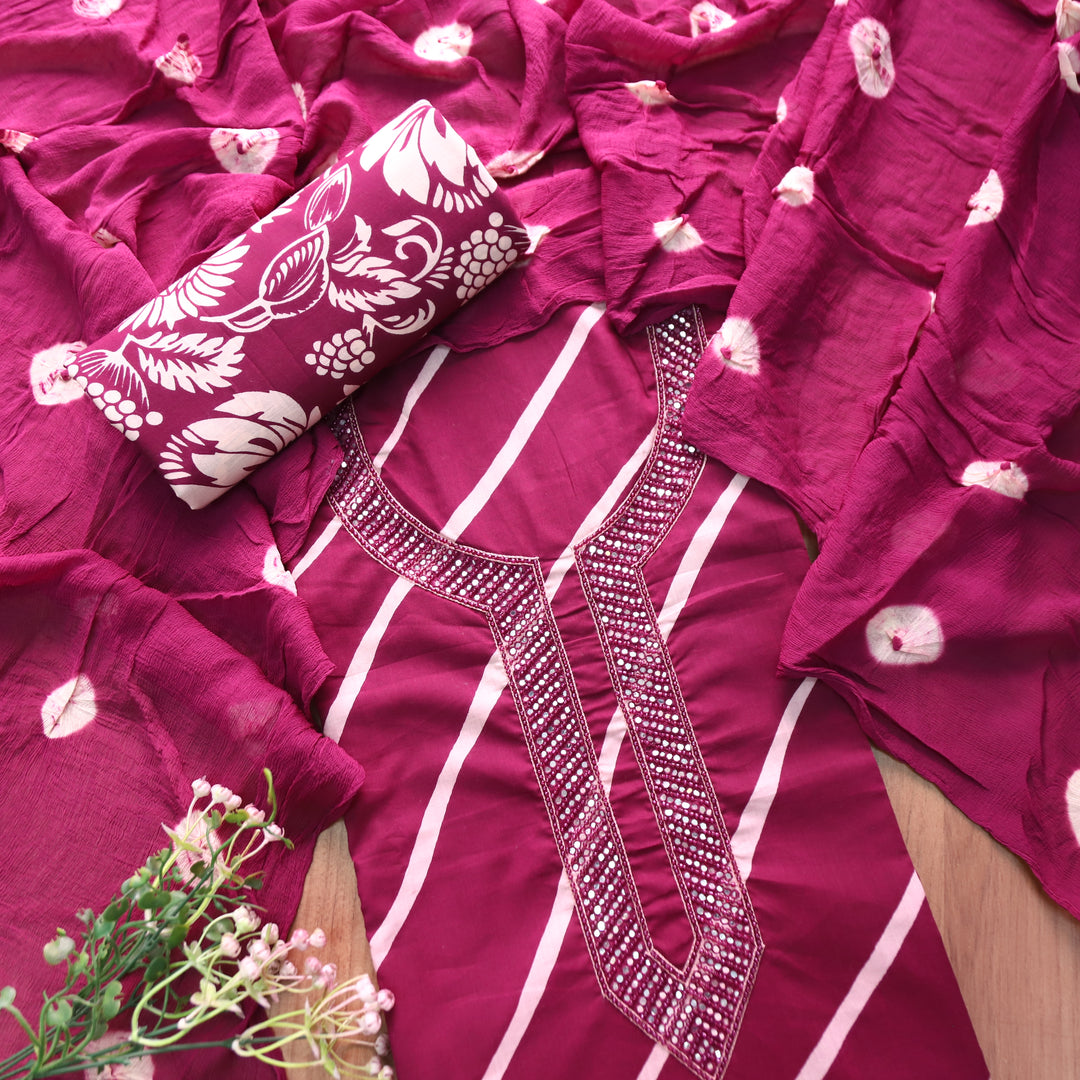 Bilori Jamuni Purple Embellish Neck with Leheriya Print Cotton Set