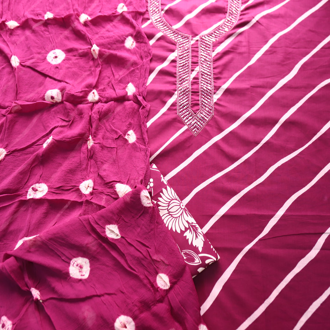 Bilori Jamuni Purple Embellish Neck with Leheriya Print Cotton Set