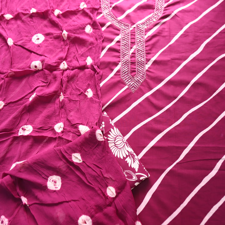 Bilori Jamuni Purple Embellish Neck with Leheriya Print Cotton Set