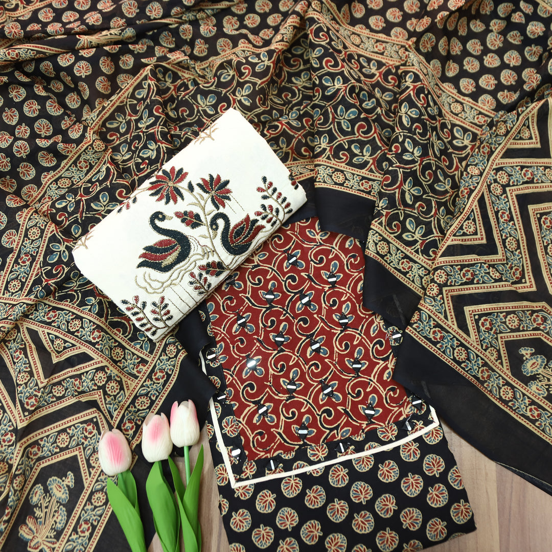 Radhi Ebony Black Ajrak Printed Yoke with Mirror Cotton Set