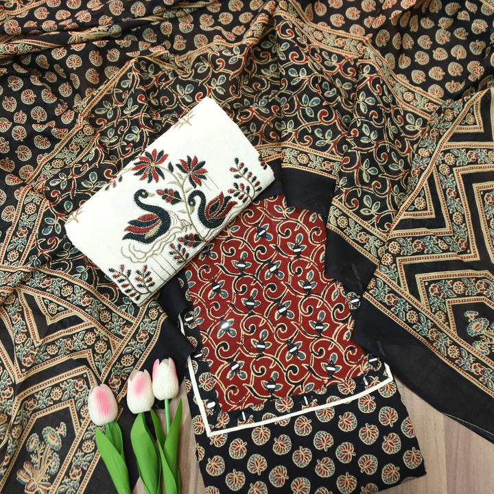 Radhi Ebony Black Ajrak Printed Yoke with Mirror Cotton Set