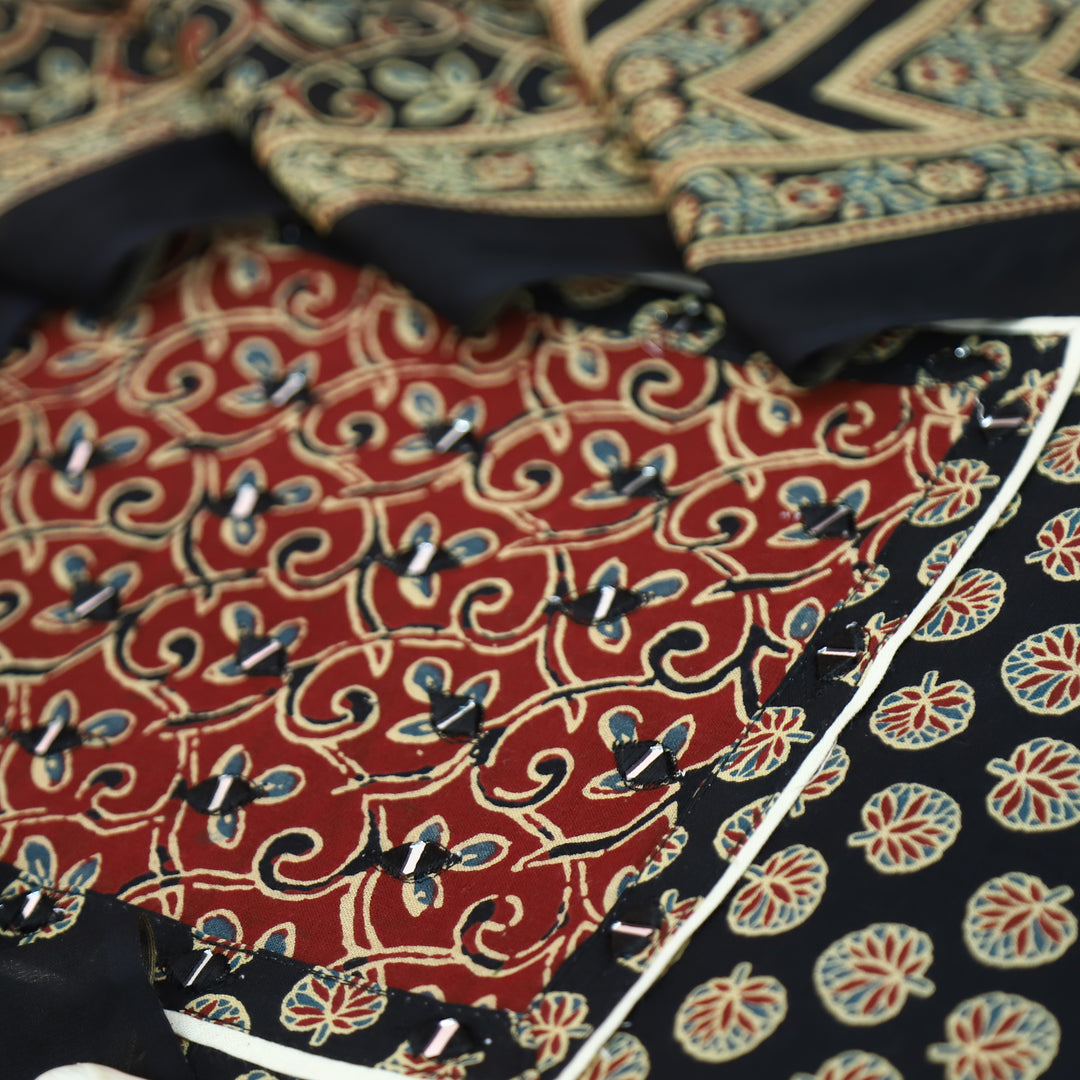 Radhi Ebony Black Ajrak Printed Yoke with Mirror Cotton Set