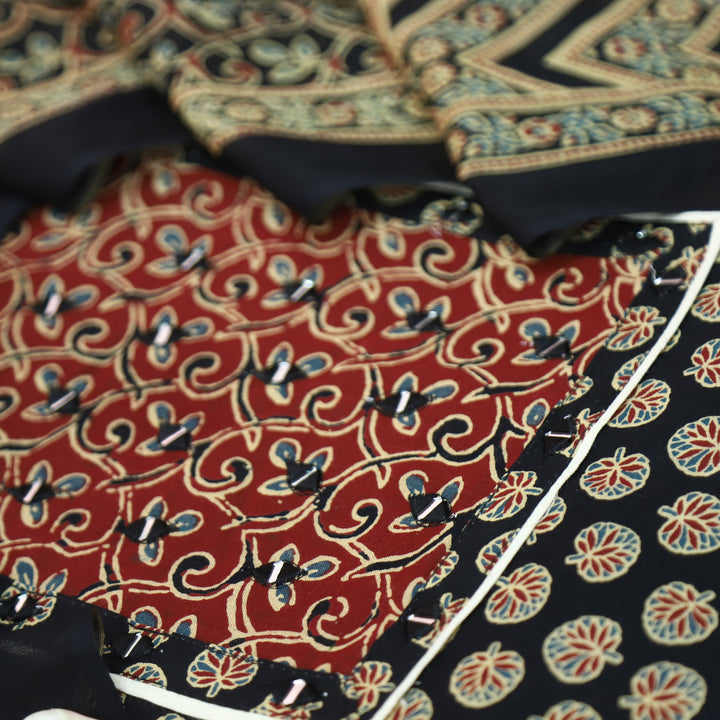 Radhi Ebony Black Ajrak Printed Yoke with Mirror Cotton Set