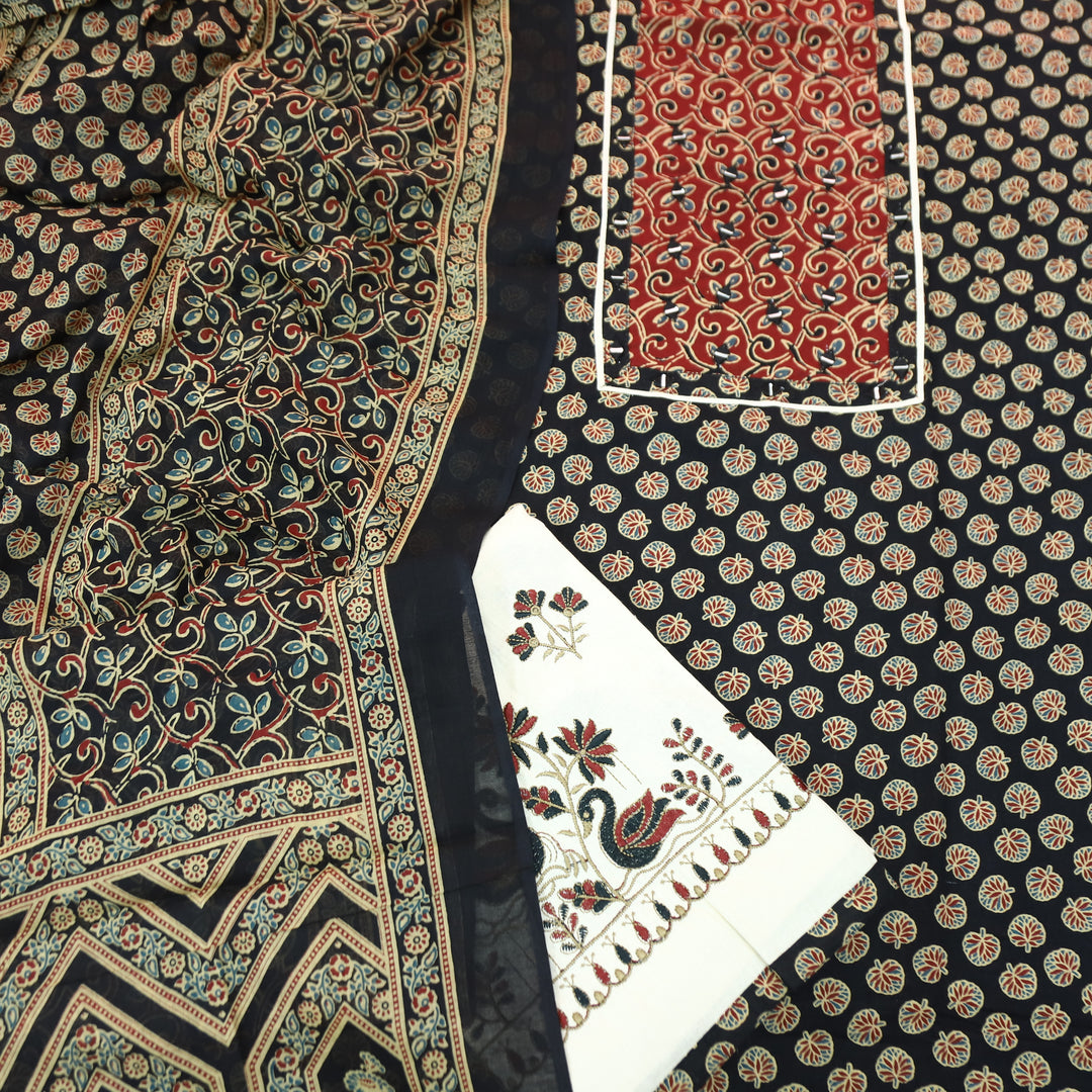 Radhi Ebony Black Ajrak Printed Yoke with Mirror Cotton Set