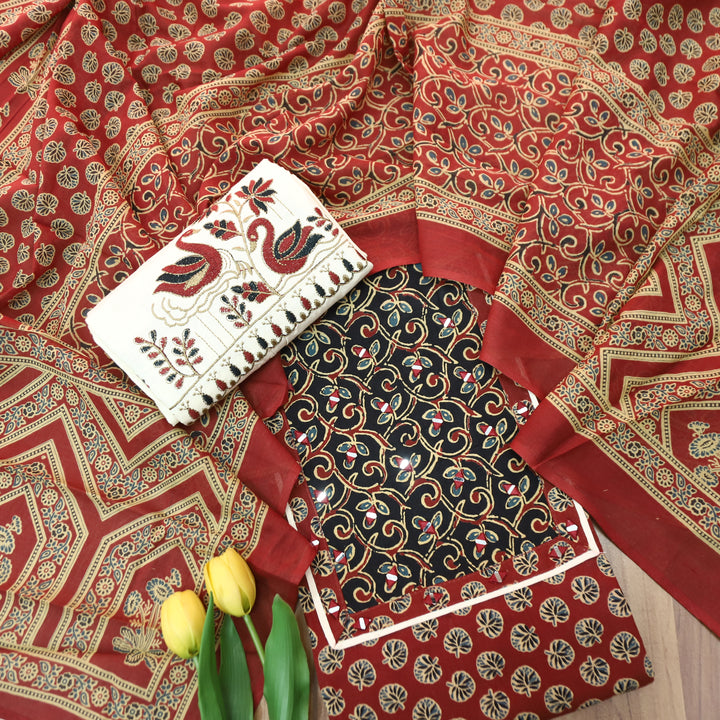 Radhi Berry Red Ajrak Printed Yoke with Mirror Cotton Set