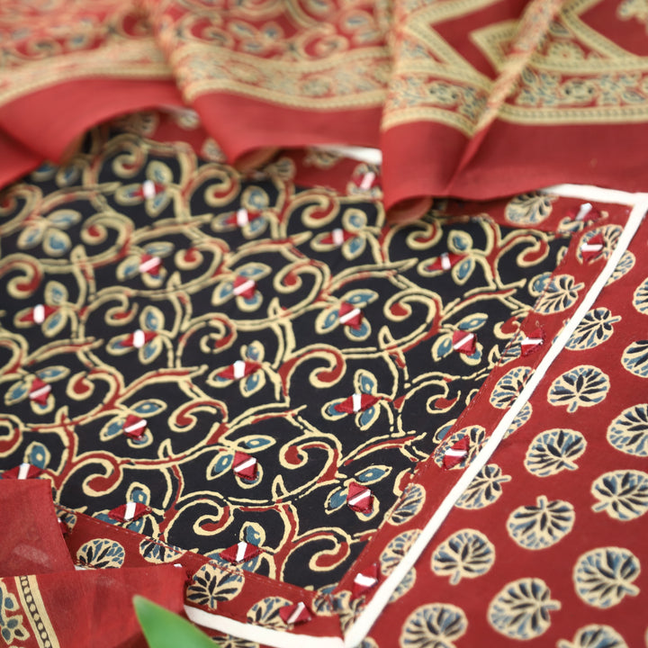 Radhi Berry Red Ajrak Printed Yoke with Mirror Cotton Set