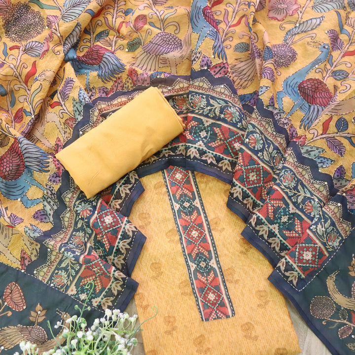 Kohinoor Orangish Yellow Digital Pichwai Print Kantha Work Chanderi Suit Set
