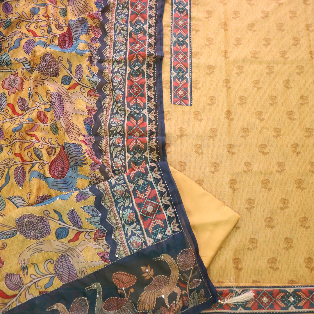 Kohinoor Orangish Yellow Digital Pichwai Print Kantha Work Chanderi Suit Set