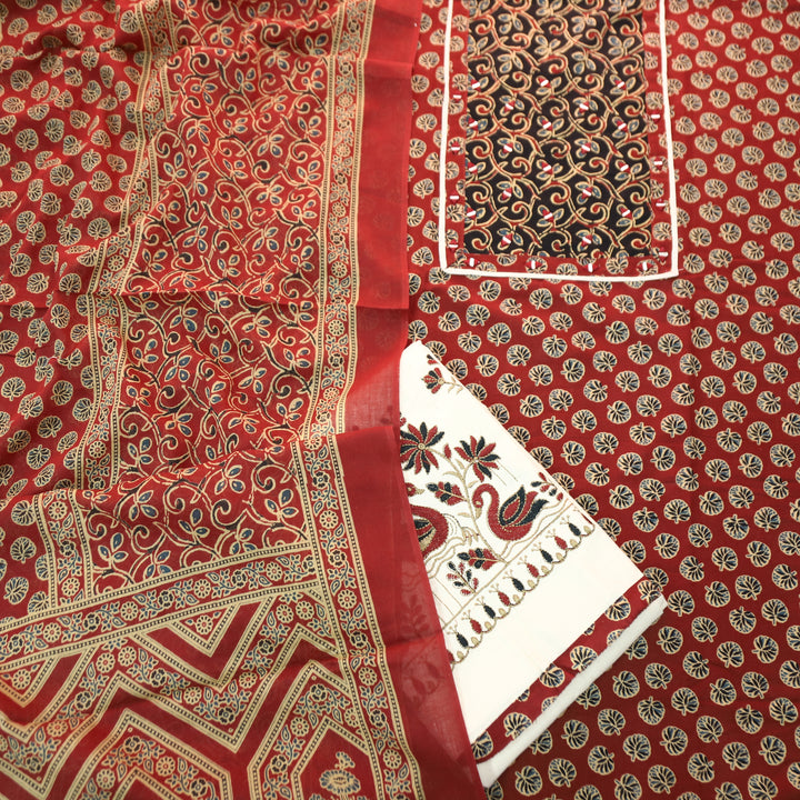 Radhi Berry Red Ajrak Printed Yoke with Mirror Cotton Set