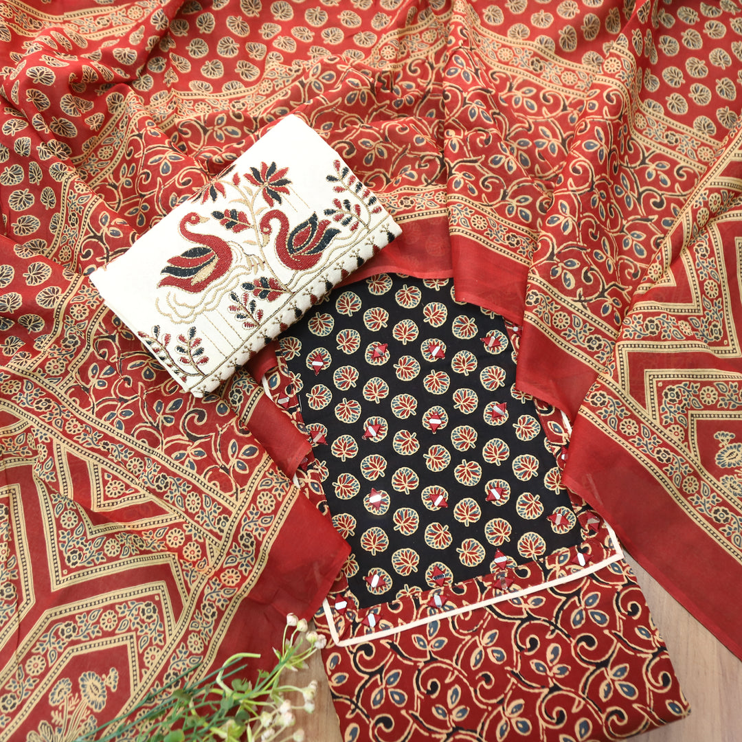 Radhi Maroon Red Ajrak Printed Yoke with Mirror Cotton Set