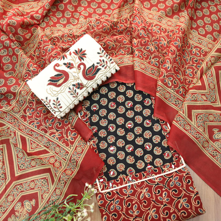 Radhi Maroon Red Ajrak Printed Yoke with Mirror Cotton Set