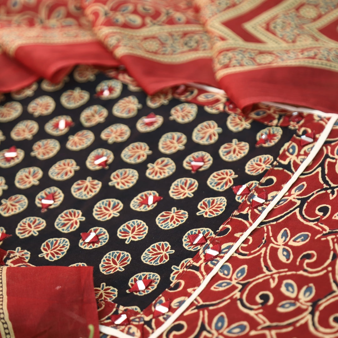 Radhi Maroon Red Ajrak Printed Yoke with Mirror Cotton Set