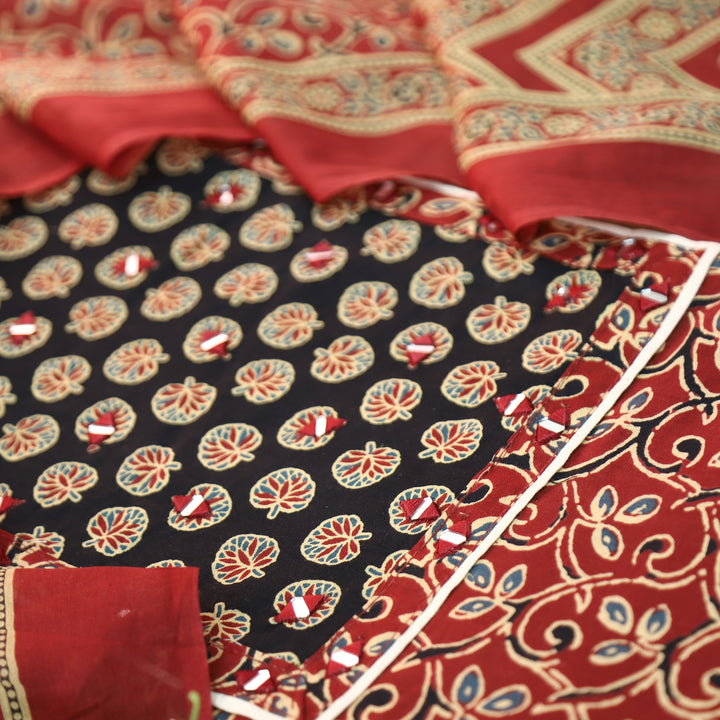 Radhi Maroon Red Ajrak Printed Yoke with Mirror Cotton Set
