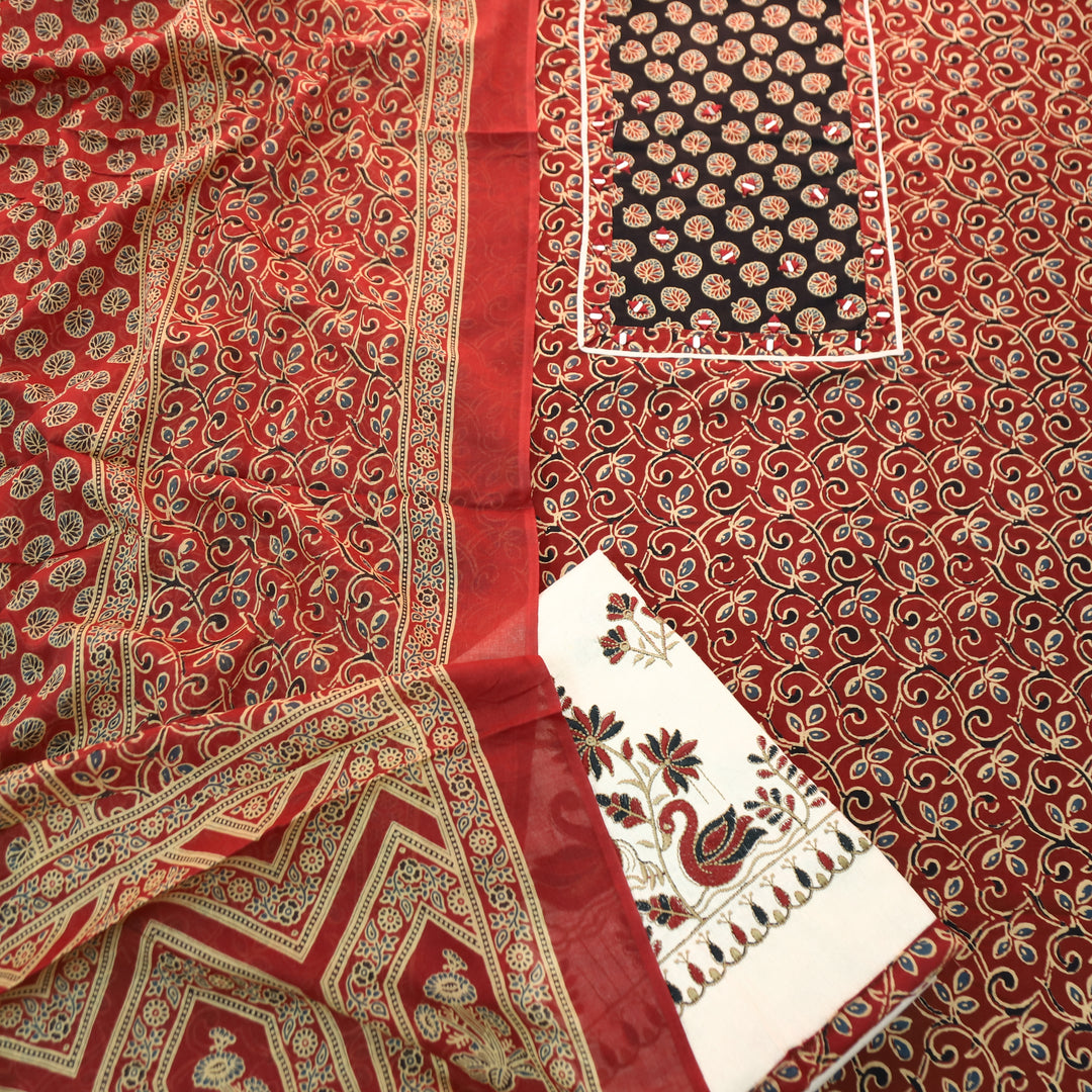 Radhi Maroon Red Ajrak Printed Yoke with Mirror Cotton Set