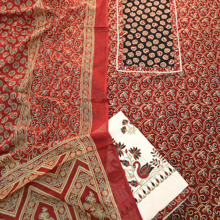 Radhi Maroon Red Ajrak Printed Yoke with Mirror Cotton Set