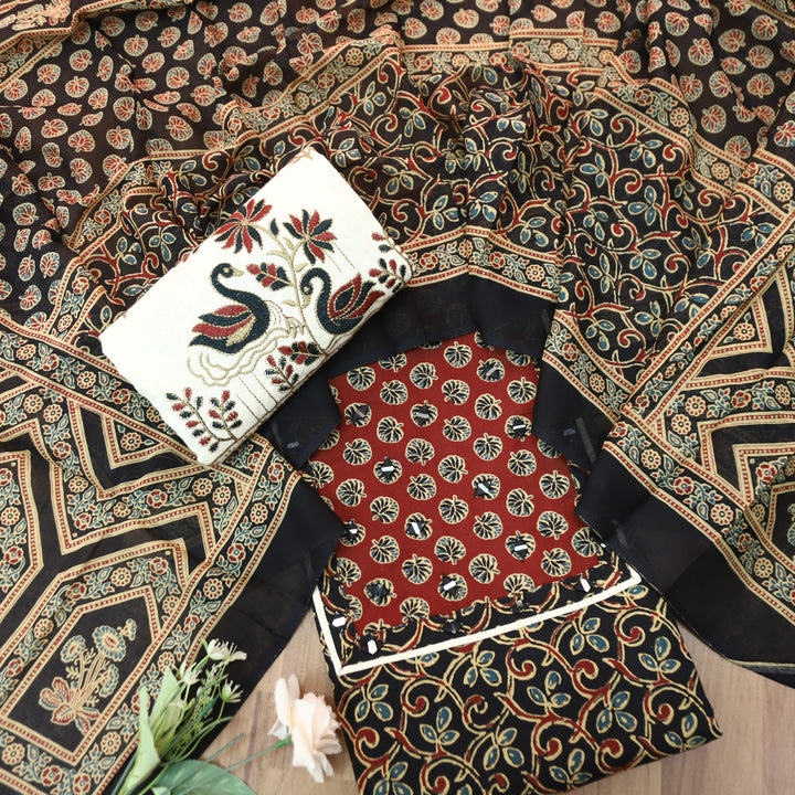 Radhi Faded Black Ajrak Printed Yoke with Mirror Cotton Set