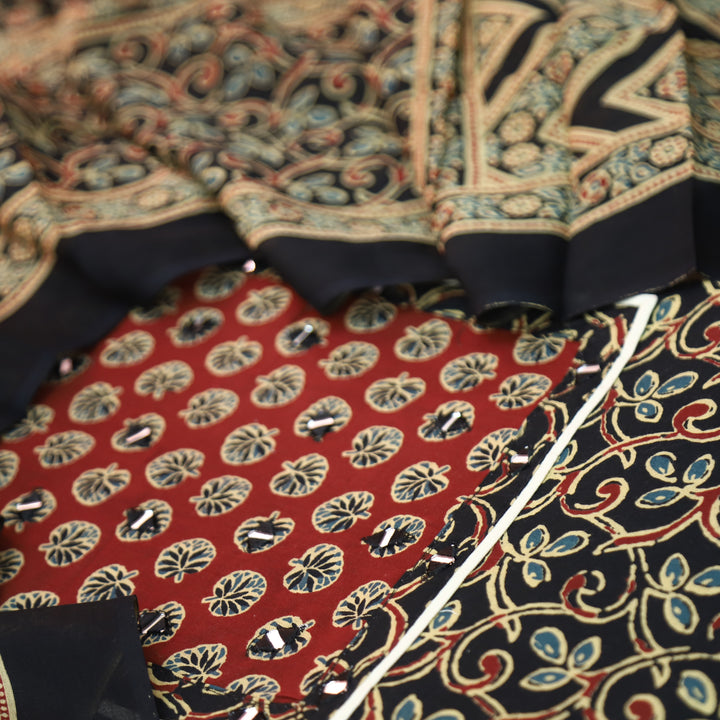 Radhi Faded Black Ajrak Printed Yoke with Mirror Cotton Set