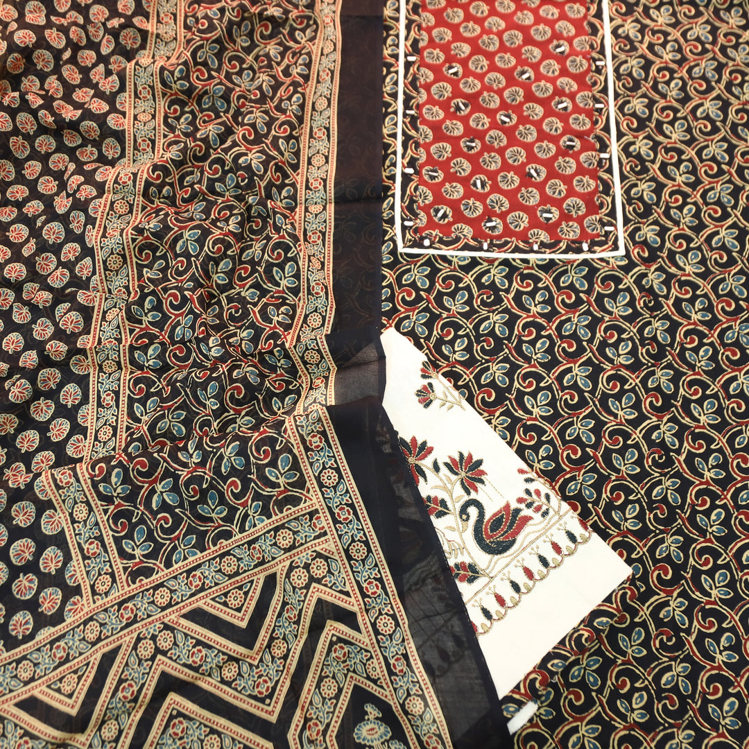 Radhi Faded Black Ajrak Printed Yoke with Mirror Cotton Set