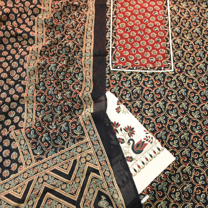 Radhi Faded Black Ajrak Printed Yoke with Mirror Cotton Set