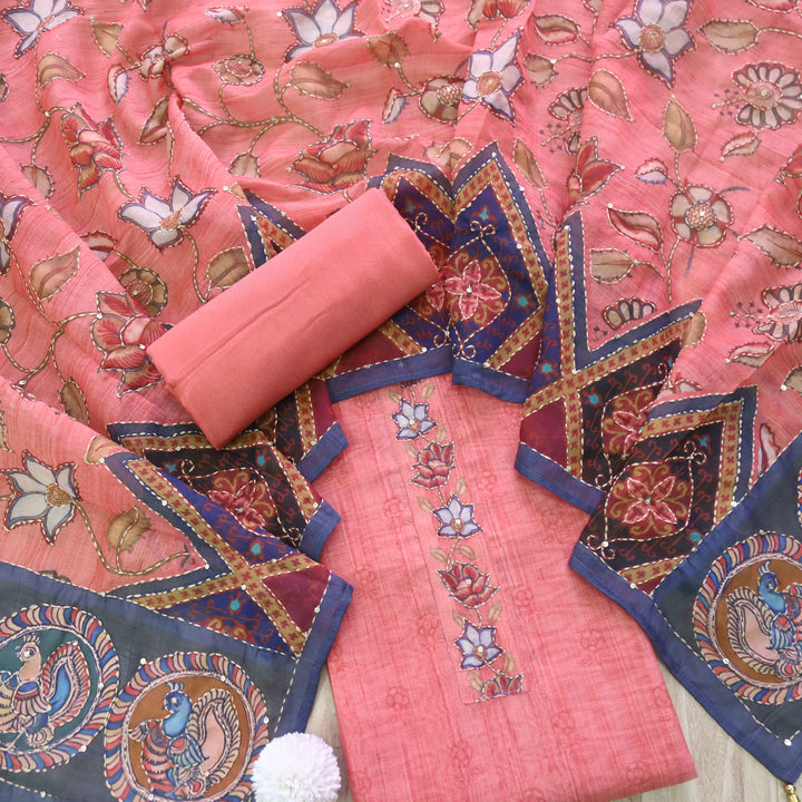 Kohinoor Blush Pink Digital Pichwai Print Kantha Work Chanderi Suit Set