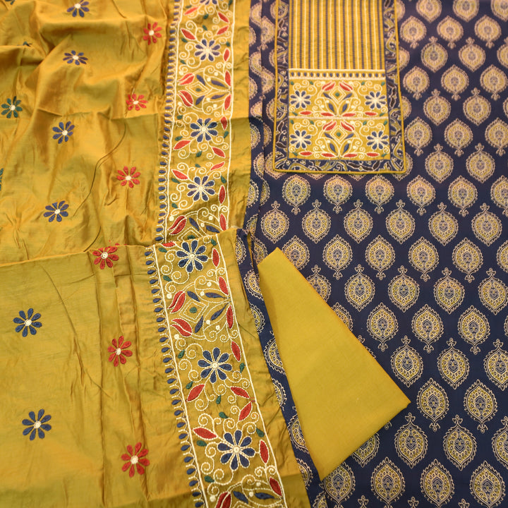 Raina Navy Blue Embroidered Neck Yoke with Ajrak Print Cotton Set