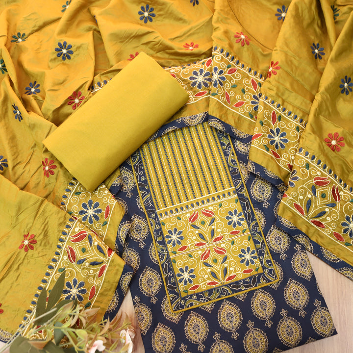 Raina Navy Blue Embroidered Neck Yoke with Ajrak Print Cotton Set
