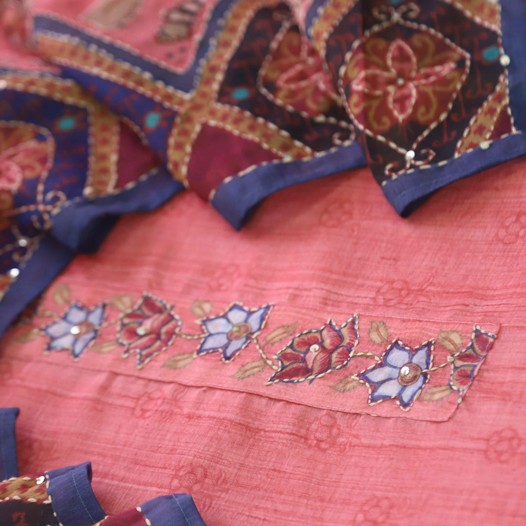 Kohinoor Blush Pink Digital Pichwai Print Kantha Work Chanderi Suit Set
