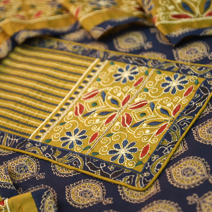 Raina Navy Blue Embroidered Neck Yoke with Ajrak Print Cotton Set
