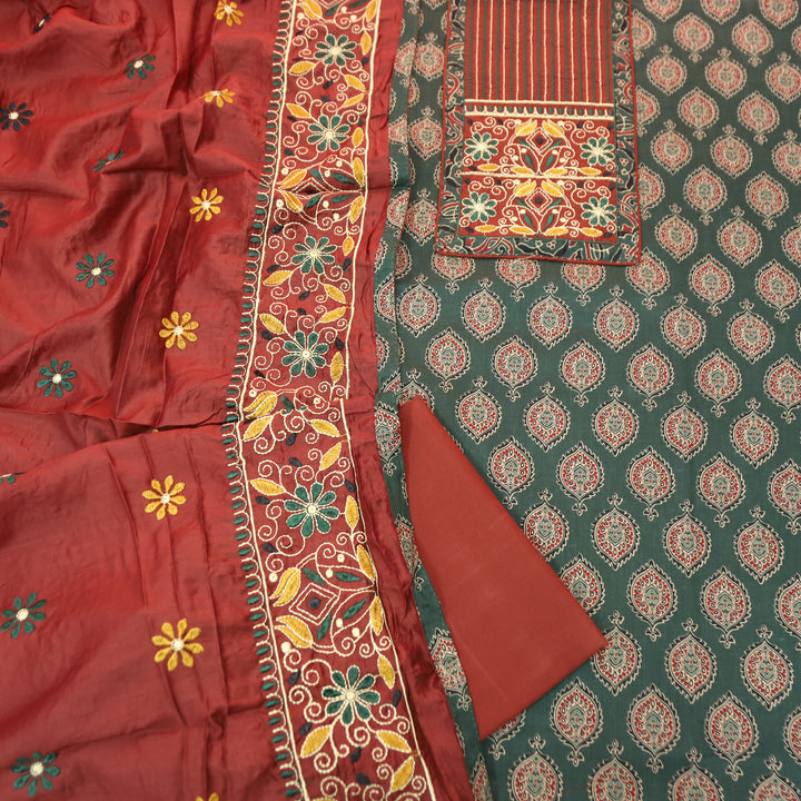 Raina Sacramento Green Embroidered Neck Yoke with Ajrak Print Cotton Set
