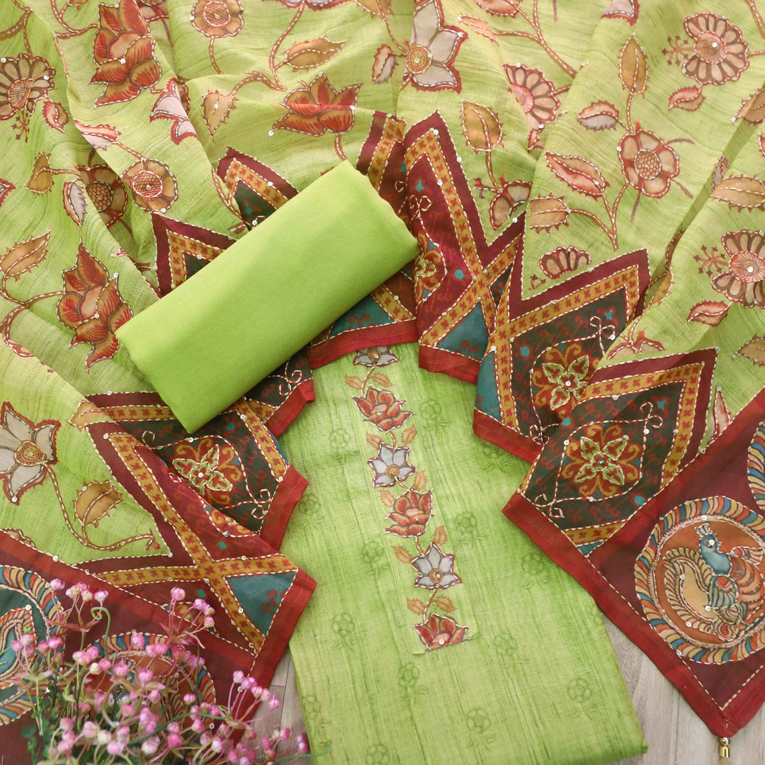 Kohinoor Parrot Green Digital Pichwai Print Kantha Work Chanderi Suit Set