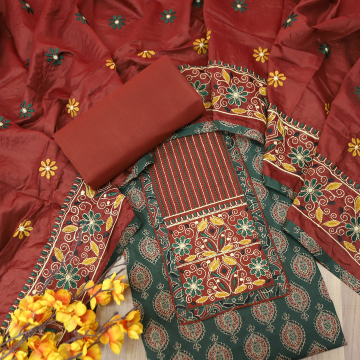 Raina Sacramento Green Embroidered Neck Yoke with Ajrak Print Cotton Set