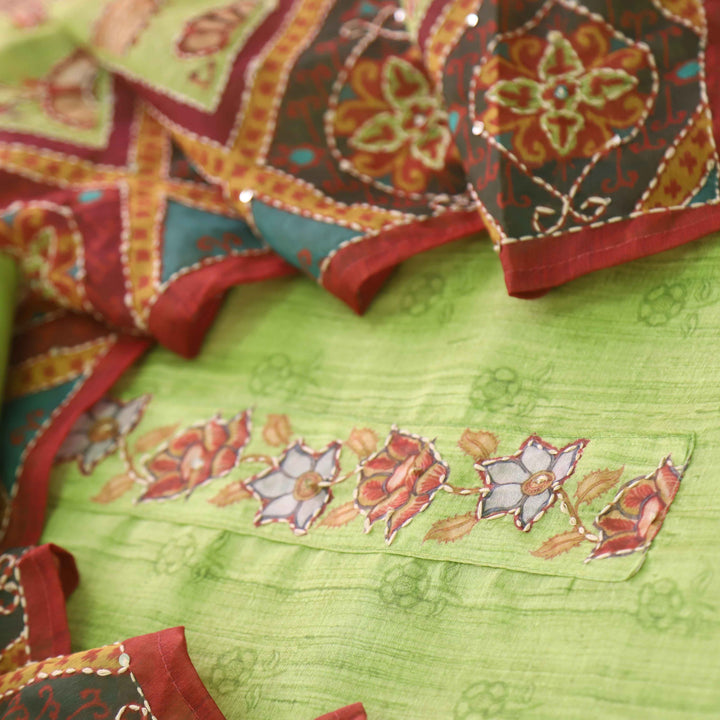 Kohinoor Parrot Green Digital Pichwai Print Kantha Work Chanderi Suit Set