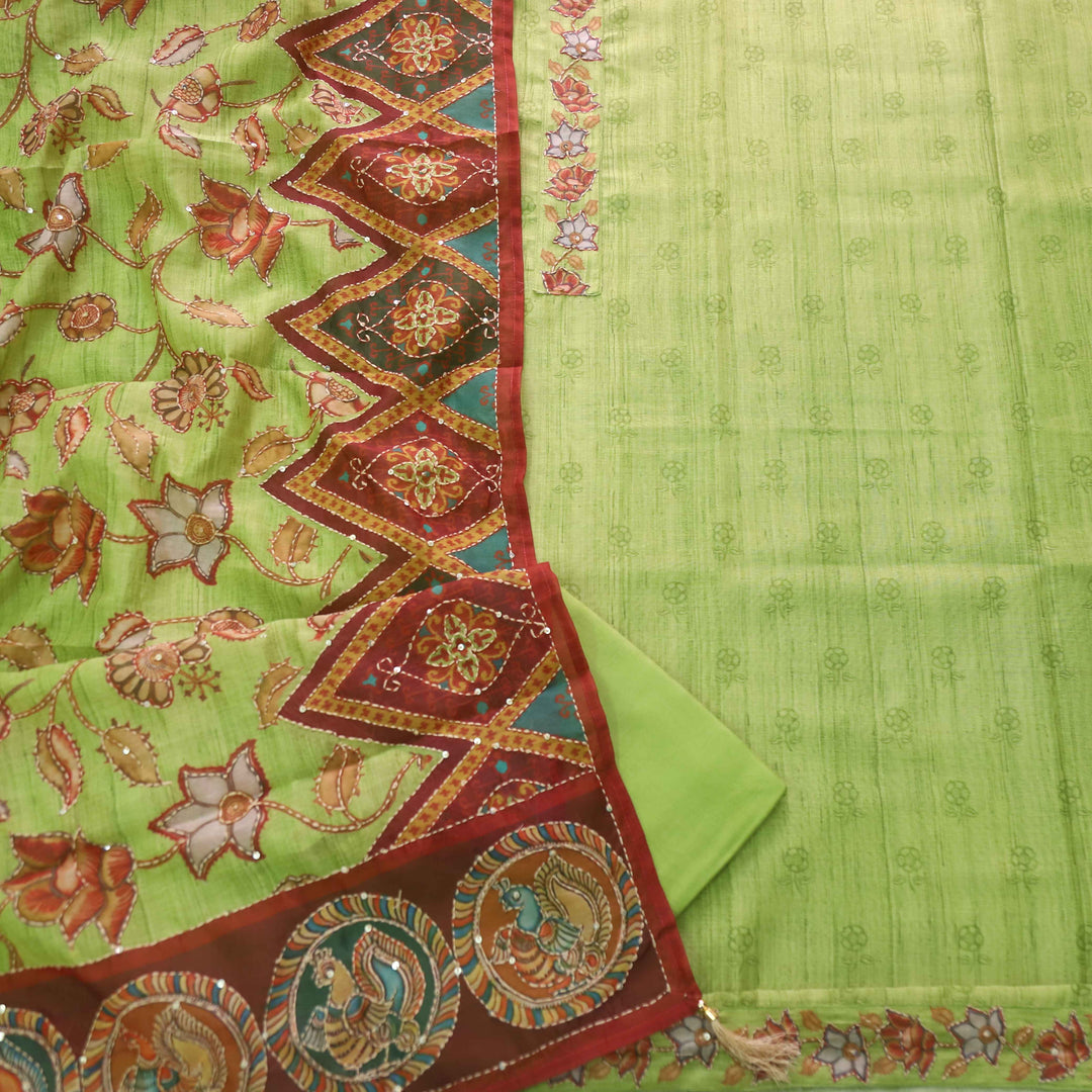 Kohinoor Parrot Green Digital Pichwai Print Kantha Work Chanderi Suit Set