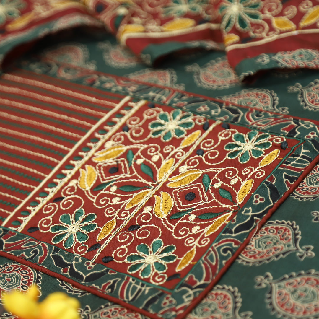 Raina Sacramento Green Embroidered Neck Yoke with Ajrak Print Cotton Set